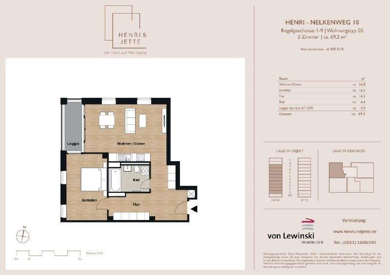 Etagenwohnung Wolfsburg Hellwinkel - 2 Zimmer, 68 m&sup2;, 951&euro; | Angebot:25796372