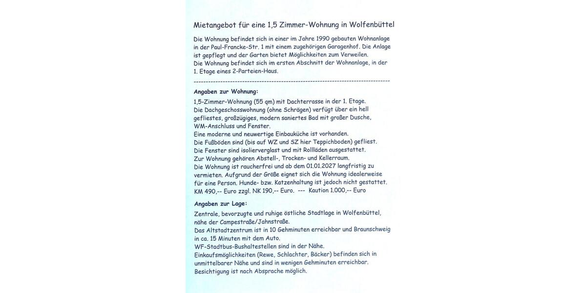 Terrassenwohnung Wolfenbüttel Ahlum - 1.5 Zimmer, 55 m&sup2;, 490&euro; | Angebot:27590432