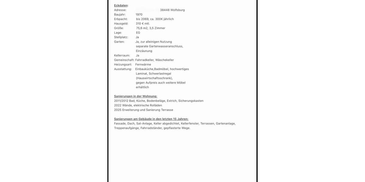 Erdgeschoßwohnung Wolfsburg Alt-Wolfsburg - 3.5 Zimmer, 76 m&sup2;, 240.000&euro; | Angebot:25882676