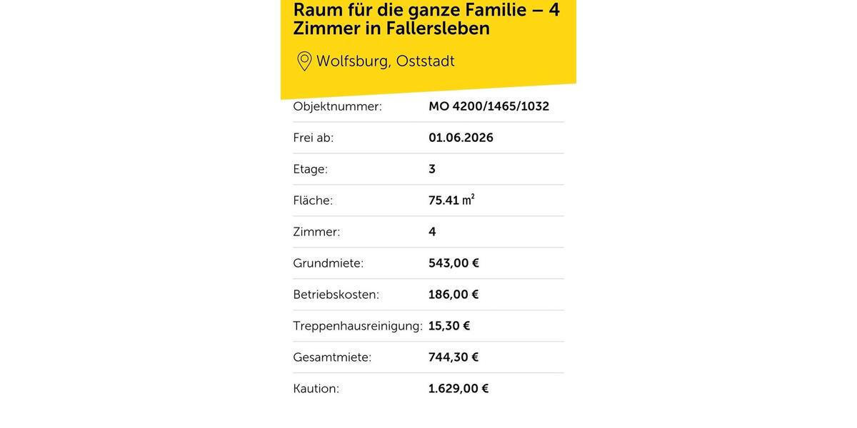 Etagenwohnung Wolfsburg Ehmen - 4 Zimmer, 75 m&sup2;, 745&euro; | Angebot:26621204