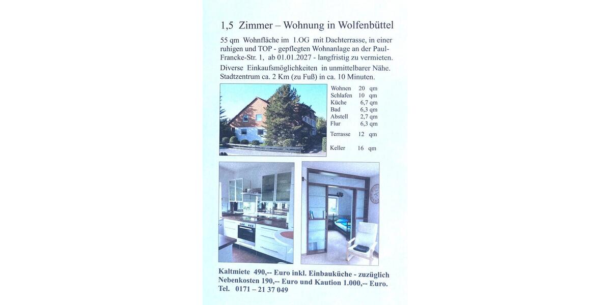 Terrassenwohnung Wolfenbüttel Ahlum - 1.5 Zimmer, 55 m&sup2;, 490&euro; | Angebot:27590432