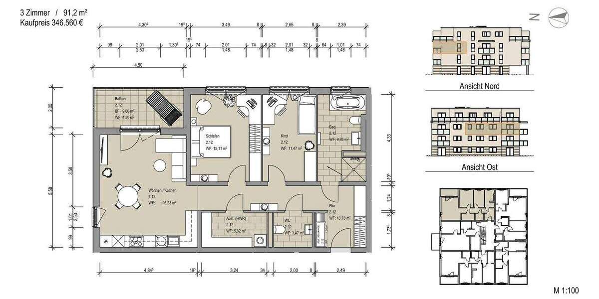 Etagenwohnung Sickte Niedersickte - 3 Zimmer, 95 m&sup2;, 365.350&euro; | Angebot:25747825