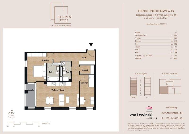 Etagenwohnung Wolfsburg Hellwinkel - 3 Zimmer, 84 m&sup2;, 1.006&euro; | Angebot:25664899