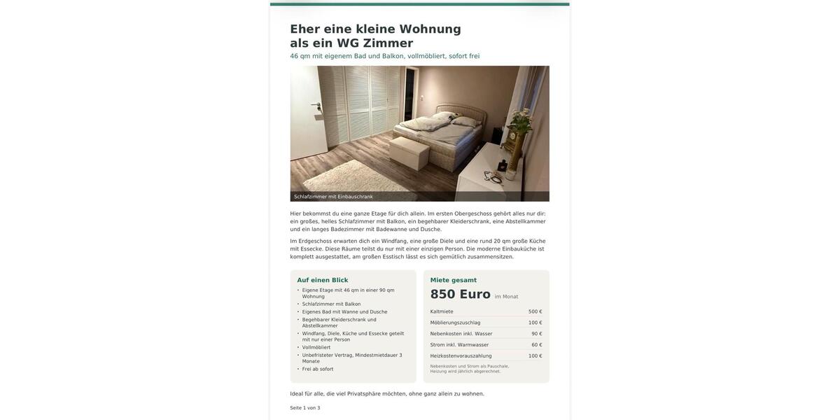 Etagenwohnung Braunschweig Lehndorf-Watenbüttel - 1 Zimmer, 90 m&sup2;, 850&euro; | Angebot:27603518