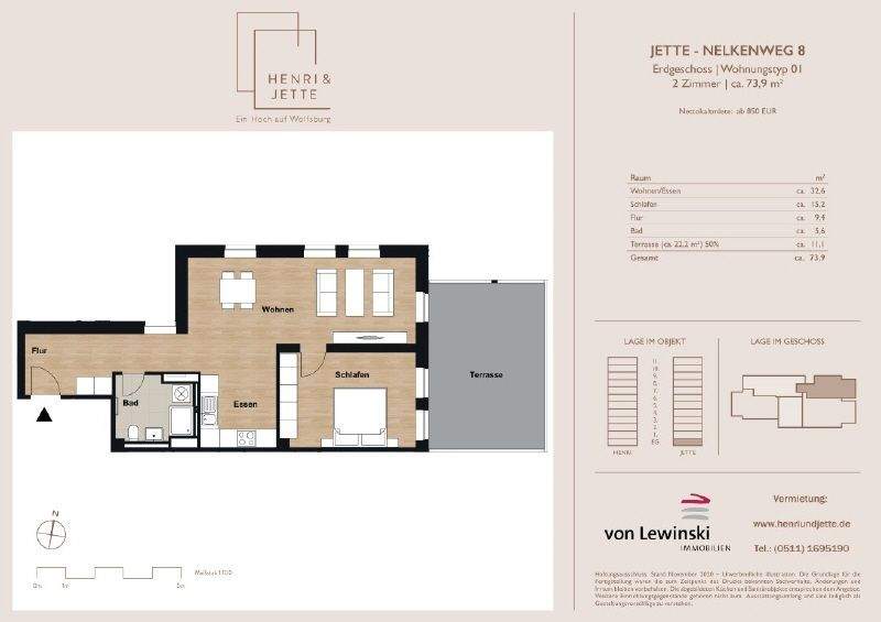 Etagenwohnung Wolfsburg Hellwinkel - 2 Zimmer, 73 m&sup2;, 865&euro; | Angebot:25731536