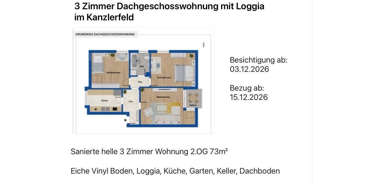 Dachgeschoßwohnung Braunschweig Lehndorf-Watenbüttel - 3 Zimmer, 73 m&sup2;, 890&euro; | Angebot:27620512