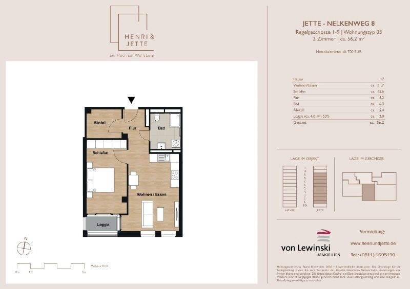 Etagenwohnung Wolfsburg Hellwinkel - 2 Zimmer, 55 m&sup2;, 717&euro; | Angebot:24668596