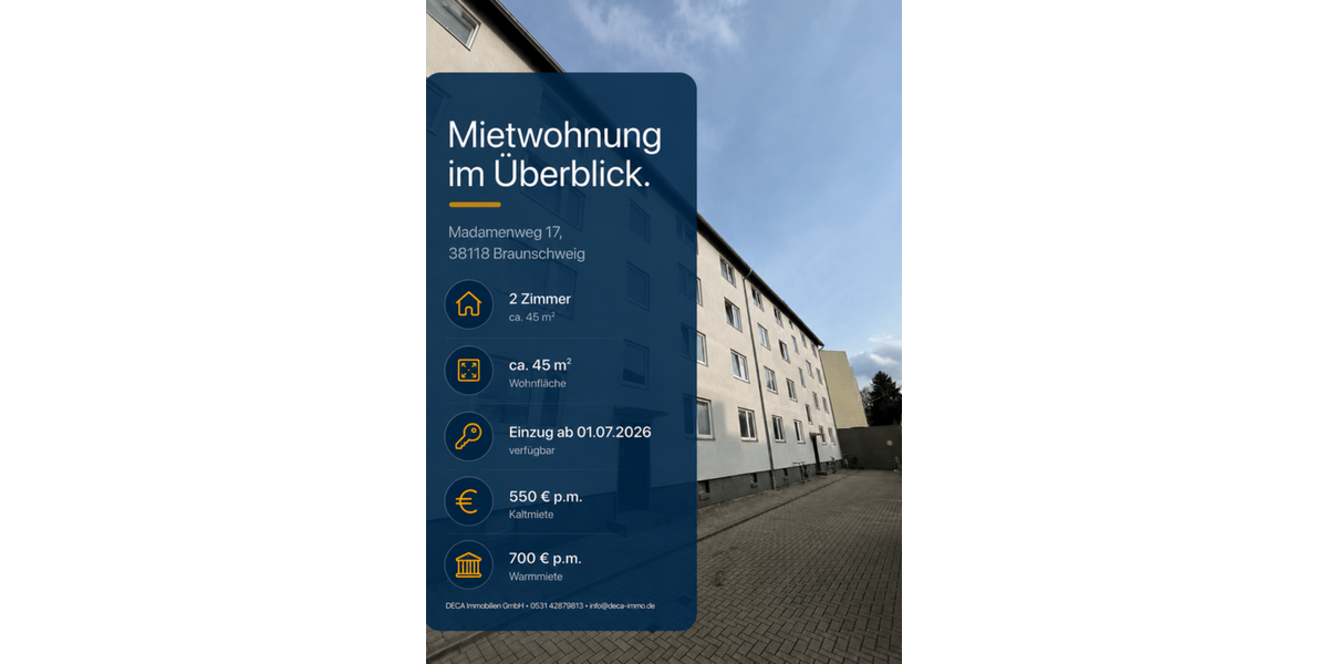 Etagenwohnung Braunschweig Westliches Ringgebiet - 2 Zimmer, 45 m&sup2;, 550&euro; | Angebot:26867000