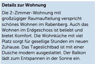 Erdgeschoßwohnung Wolfsburg Detmerode - 2.5 Zimmer, 65 m&sup2;, 599&euro; | Angebot:26003922