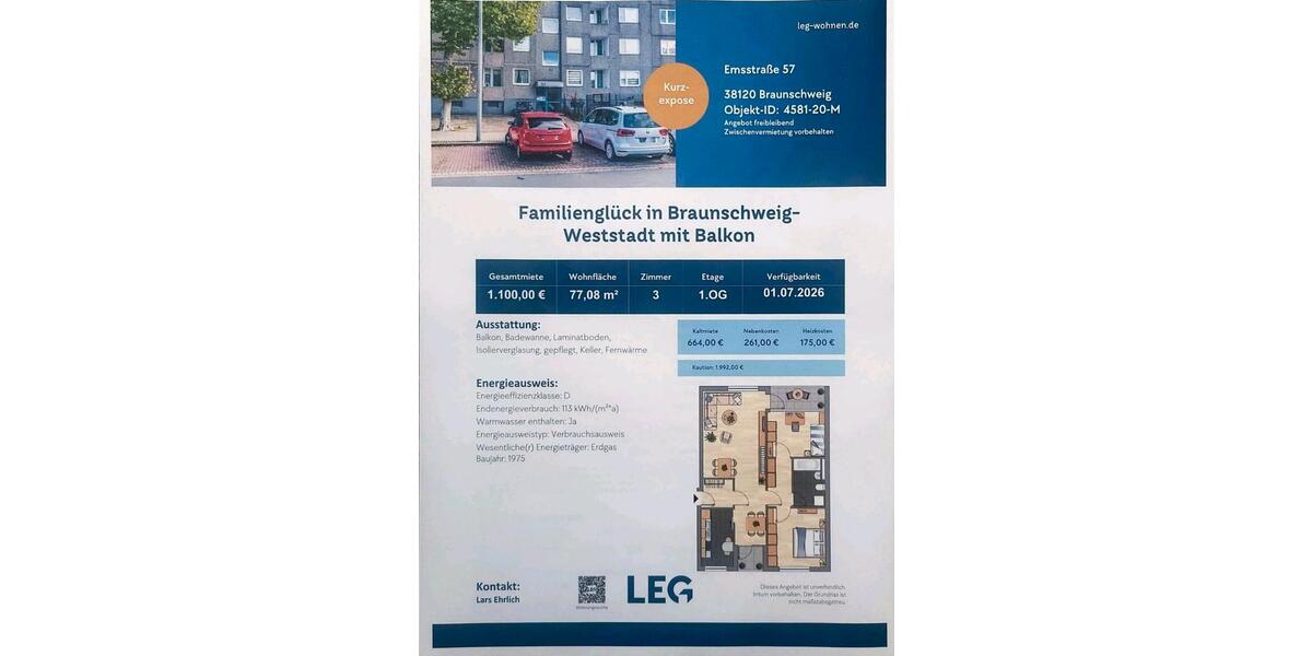 Etagenwohnung Braunschweig Südstadt- Rautheim- Mascherode - 3 Zimmer, 77 m&sup2;, 1.100&euro; | Angebot:26655648